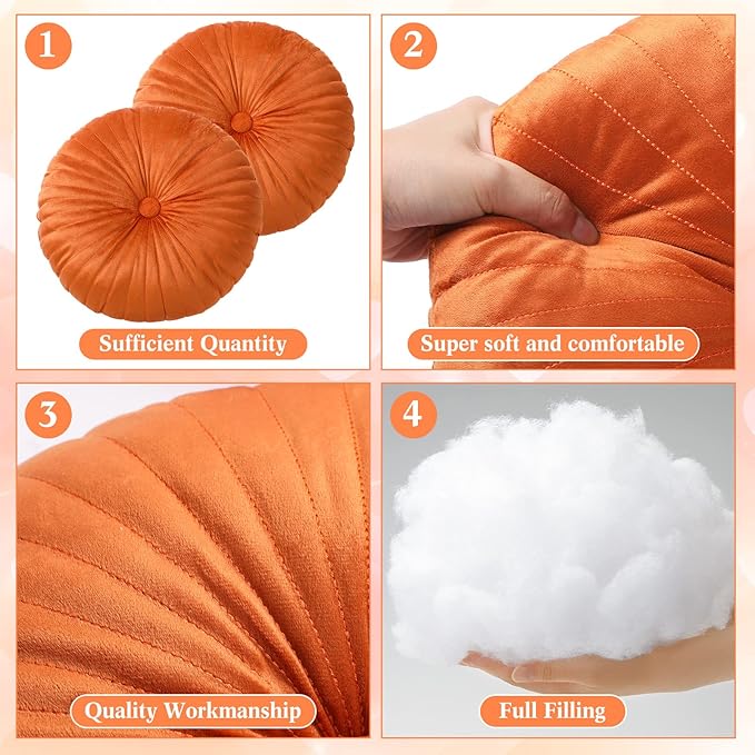 Namalu 2 Pcs Round Throw Pillow 13.8 Inch Decorative Round Velvet Floor Pillows Pumpkin Throw Pillows with Center Button for Thanksgiving Home Decor Living Room Sofa Couch Bed Chair (Burnt Orange)