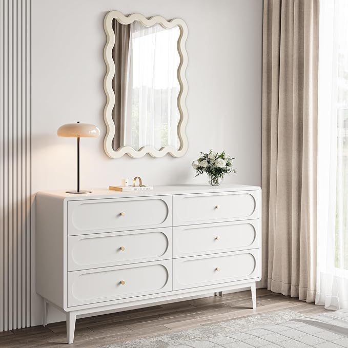 24"x36" White Wavy Wall Mirror for Bedroom Vanity, Large Cream Solid Wood Asymmetrical Mirror, Cute Squiggle Mirror for Room Decor, Aesthetic Funky Curvy Frame