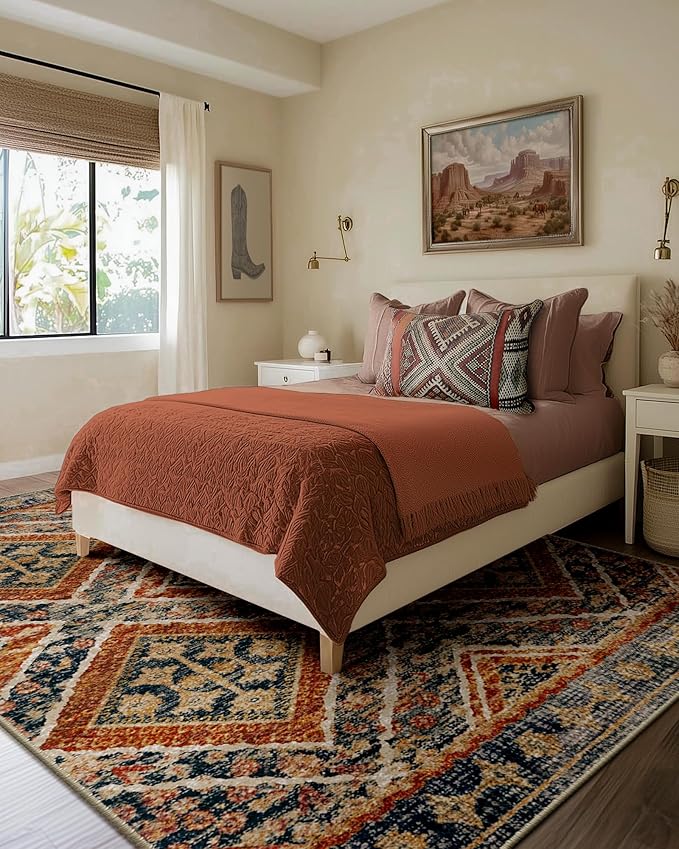 Area Rug 8x10 Rug Machine Washable Non-Slip Low Pile Print Pattern Western Rug Fall for Living Room Bedroom Entryway Tribal Series -Orange/Brown