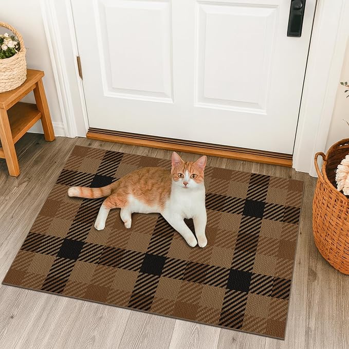 JTJ Neutral 2x3 Entrance Rugs - Easy Jute Brown Checkered Small Throw Rug Indoor Door Mats for Entryway, Kitchen, Small Living Room, Earthy & Coffe Rustic Décor