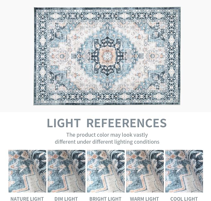 Washable 2×3 Area Rug for Entryway Indoor, Vintage Floral Small Area Rug Soft Non Slip Stain Resistant Boho Carpet for Front Door Dinning Room Kitchen Bedroom Blue/Ivory