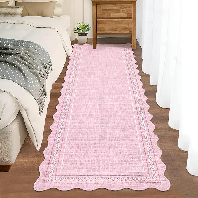 Garvee Scalloped Washable Rugs for Entryway 2x8 Runner Rug Non Slip Kitchen Rugs Indoor Modern Soft Bathroom Runner Rug Low Pile Stain Resistant Carpet for Bedroom Hallway Laundry 2'x8' Pink