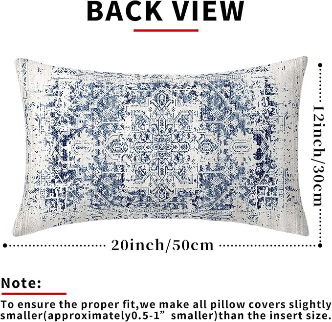 Navy Blue Grey Ethnic Boho Lumbar Pillow Covers 12x20 Inch Bohemian Carpet Pattern Vintage Gray Pillow Cases for Couch Farmhouse Rectangle Rustic Rug Pillow Cases for Bed Patio Outdoor Indoor Set 2