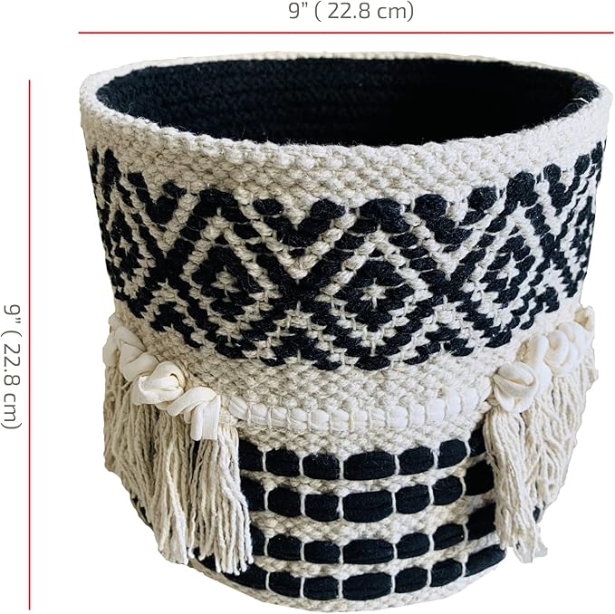 Boho Hand Woven Plant Basket Modern Woven Basket for 4-6.5" Flower Pot Floor Indoor Planters, Storage Organizer Rustic Home Decor, Black and White with Tassels 9” x 9"