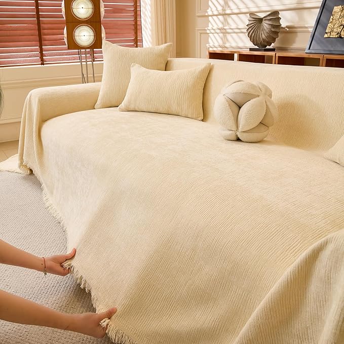 ROOMLIFE Sofa Cover, Boho Couch Cover for 3 Cushion Sofa, Non Slip Chenille Sofa Slipcovers for Dog, Washable Furniture Sofa Protector Cover with Tassel for Living Room, 71''X150”