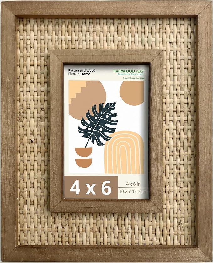 4x6 Picture Frame Handwoven Rattan (8.5"x10.5" Outer) - Fits 4"x6" Photos - Sawtooth Wall Hanger & Tabletop Stand - Natural Coastal Display