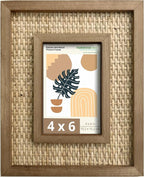 4x6 Picture Frame Handwoven Rattan (8.5"x10.5" Outer) - Fits 4"x6" Photos - Sawtooth Wall Hanger & Tabletop Stand - Natural Coastal Display