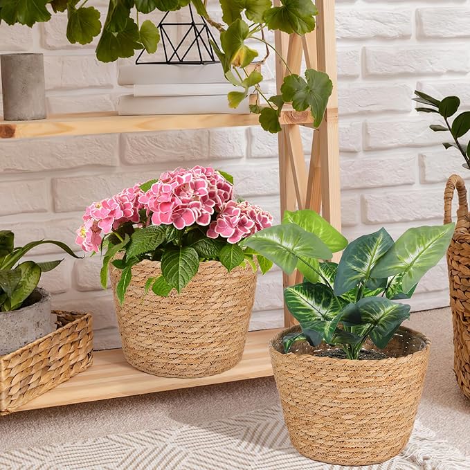 Woven Flower Basket Plant Pot with Plastic Liner Indoor Outdoor Decorative Rattan Planter for Small Plants Succulents and Home Garden