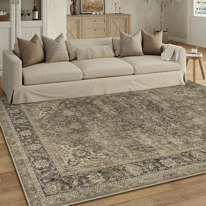 6x9 Washable Brown Area Rug Vintage Living Room Bedroom Carpet Non-Slip Soft Medium Pile Distressed Indoor Throw Rug for Dining Room Entryway Office