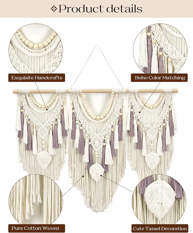 Tempospark Large Macrame Wall Hanging, 43" Wx32 L Boho Wall Hangings for Living Room Bedroom Nursery, Boho Chic Large Macrame Tapestry for Bedroom Wall Decor (Leaf Bead)