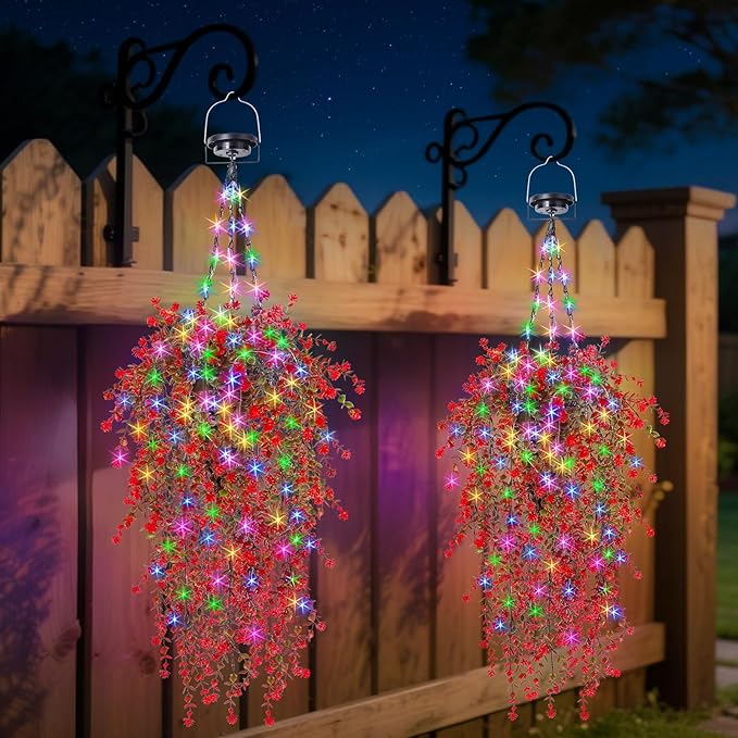 Solar Hanging Basket with Artificial Flowers: UV Resistant Fake Plants Basket with RGB Lights for Summer Decor - 2 Pack Cone Baskets with 8PCS Faux Silk Flower Flowers for Outdoor Garden Porch Patio