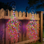 Solar Hanging Basket with Artificial Flowers: UV Resistant Fake Plants Basket with RGB Lights for Summer Decor - 2 Pack Cone Baskets with 8PCS Faux Silk Flower Flowers for Outdoor Garden Porch Patio