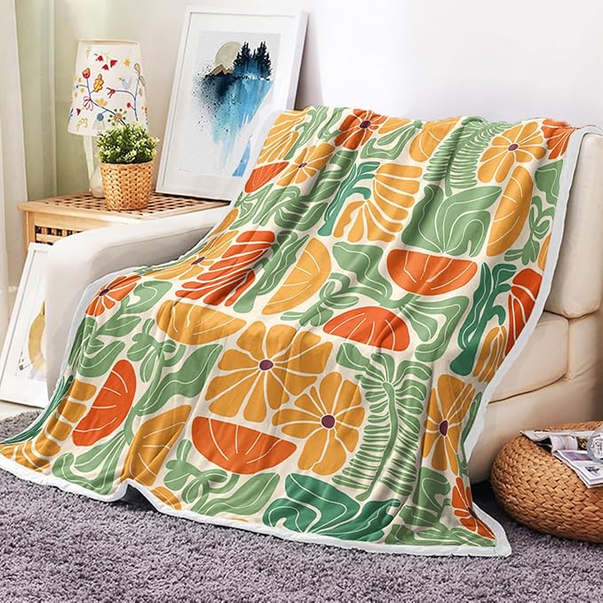 Boho Abstract Colorful Floral Throw Blanket, Vintage Retro Patchwork Orange Green Flower Botanical Geometric Aesthetic Groovy Flannel Throw Blanket for Chair Bed Sofa Couch, 60X70IN