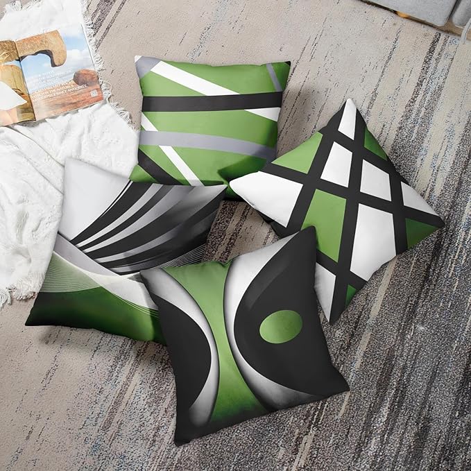 Emvency Set of 4 Green Throw Pillow Covers Modern Abstract Black Grey White Stripes Acrylic Bold Decorative Pillow Cases Home Decor Square 18x18 Inches Pillowcases