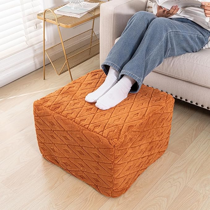 Fluffy Square Ottoman Pouf with All-in-One Foam Filling 20 x 14 Inches Furry Ottoman Foot Rest Foot Stool for Living Room or Bedroom (Orange)