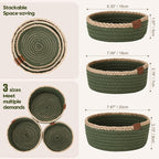 Sea Team 3-Pack Small Cotton Rope Storage Basket Set - Portable Round Organizers with Jute Braid for Small Items, Keys, Makeup & Trinkets