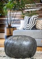 Moderner Faux Leather Pouf Unstuffed Ottoman Moroccan Footstool, Floor Footrest Cushion, Storage Solution - Natural Brown Color (Dark Grey, Round)