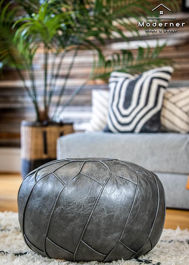 Moderner Faux Leather Pouf Unstuffed Ottoman Moroccan Footstool, Floor Footrest Cushion, Storage Solution - Natural Brown Color (Dark Grey, Round)