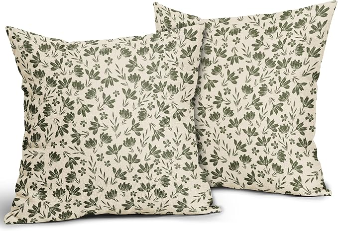 Olive Green Floral Pillow Covers 24x24 Set of 2 Vintage Rustic Old Style Cute Small Flower Green Cream Print Decorative Outdoor Pillowcases Farmhouse Throw Cushion Case Decor for Couch Sofa Bed