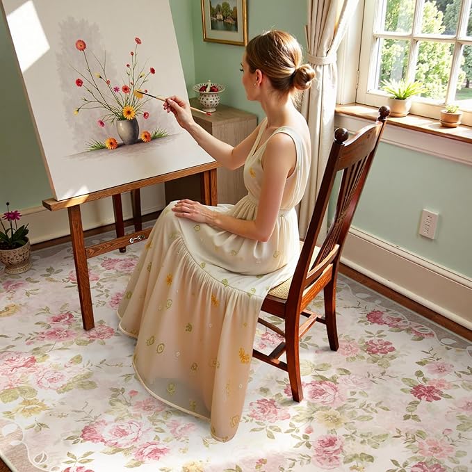 Lahome Floral Washable Rugs 5x7,Rugs for Living Room Boho Area Rug,Vintage Rugs for Bedroom Girls Non Slip Low Pile Ultra-Thin Large Carpet for Farmhouse,Dining Room,Kids Playroom Nina (5'X7',Beige)