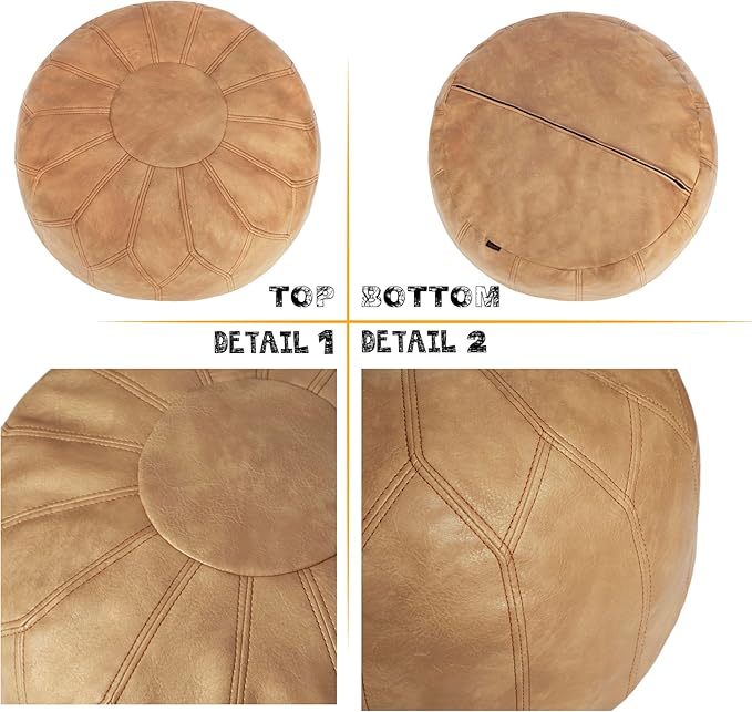 Thgonwid Unstuffed Moroccan Faux Leather Pouf Ottoman with Storage - Handmade Boho Chic Multi-Use Footrest for Living Room, Bedroom, Patio - Round Ethnic Floor Cushion & Decorative Accent, Khaki