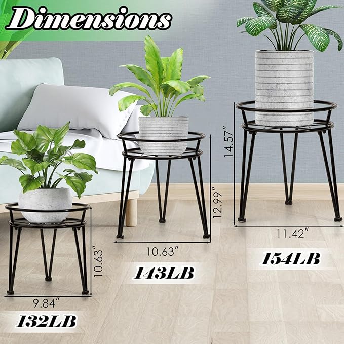 3Pack Metal Plant Stands Outdoor Indoor,Rustproof Iron Flower Pot Stands Outdoor,Heavy Duty Pot Stand for Plants Indoor,Round Black Display Rack Flower Stand Plant Holders