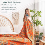 Boho Throw Blanket 100% Cotton Ultra Soft Luxury Throw Rustic Quilt 50"x60" Floral Printed Farmhouse Decor Bed Summer Blankets All Season Rustic Reversible Bohemian Throw for Bed Orange