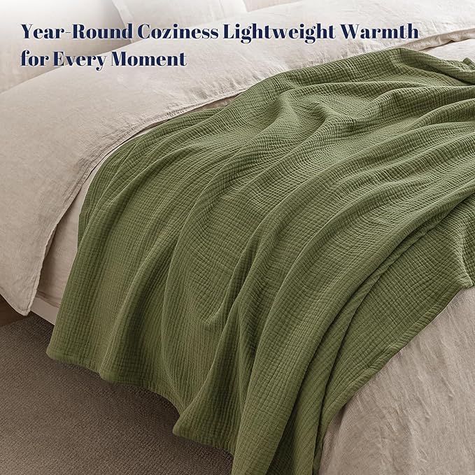 PHF 100% Cotton Muslin Blanket Queen Size 90"x90", 4-Layer Lightweight Gauze Throw, Breathable Cloud-Soft Minimalist Blanket for Bed, Couch, Camping & Baby, Olive Green, Ideal Gift