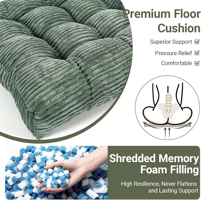 Meditation Floor Pillow Set,Memory Foam Meditation Cushion for Adults Sitting, Large Square Thickened Seat Cushions for Yoga, Tatami Living Room (1, Dark Green)