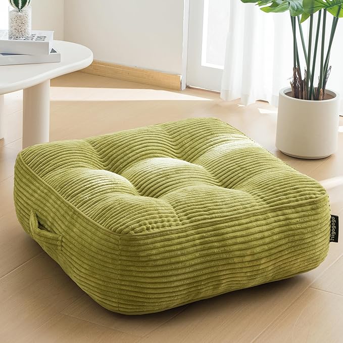 HIGOGOGO 8" Extra Thick Floor Pillow Cushion for Adults, Meditation Cushion Pillow, Large Square Floor Sitting, Tufted Corduroy Cover, for Tatami Living Room or Yoga, 22x22 Inch, Green