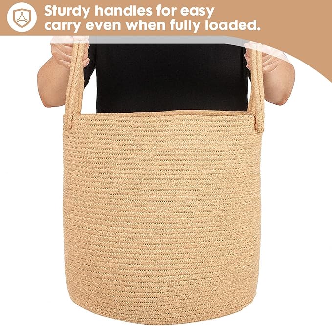 ShellKingdom Laundry Basket, Large Natural Rope Woven Storage Basket with Handles for Home, Living Room, Laundry, Storage Organizer for Blankets, Clothes, Plant, Toys, 15.7 x 13.8 INCH (Jute)