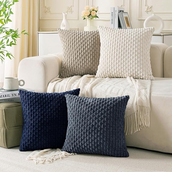 Set of 4 Navy White Taupe Decorative Throw Pillow Covers 24x24 Inch Corduroy Pillow Covers for Bed Couch Sofa Living Room Soft Square Cushion Cases