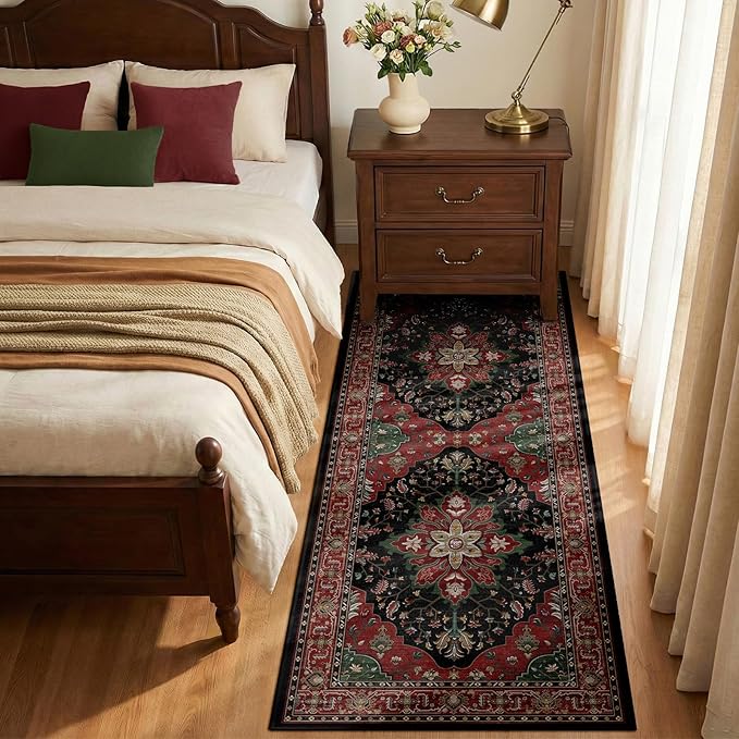 Area Rugs 2'x6' Runner Rug Non Slip Washable for Kitchen Hallway Bedroom Beside Laundry Room Bathroom Rug, Floor Carpet, Red Black
