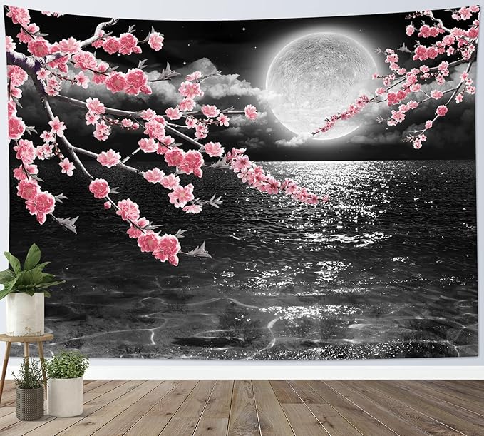 LB Pink Cherry Blossom Tapestry Full Moon with Grey Cloud in Night Sky Wall Tapestry Black Ocean Scenery Tapestries for Bedroom Living Room Dorm Wall Decor,60x40 inches