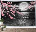 LB Pink Cherry Blossom Tapestry Full Moon with Grey Cloud in Night Sky Wall Tapestry Black Ocean Scenery Tapestries for Bedroom Living Room Dorm Wall Decor,59x51 inches