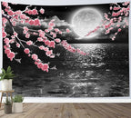 LB Pink Cherry Blossom Tapestry Full Moon with Grey Cloud in Night Sky Wall Tapestry Black Ocean Scenery Tapestries for Bedroom Living Room Dorm Wall Decor,59x51 inches