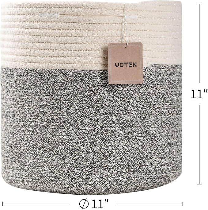 voten Storage Cubes Baskets Bins Organizer 11x11x11'' Fit 12x12''Cube Storage Organizer Bookcases Shelves,Durable Woven Cotton Storage Basket for Organizing,Round 3Pack Off White/Light Gray