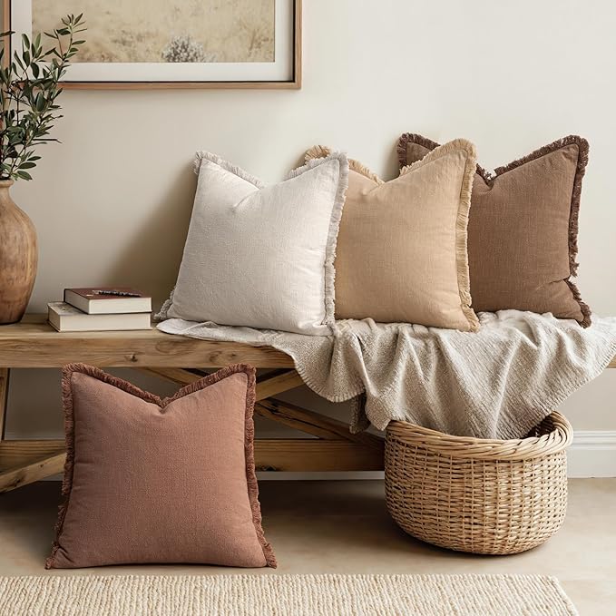 MIULEE Decorative Couch Pillow Covers Neutral Linen Fringe Throw Pillows Set of 4 Accent Rustic Cushions Boho Farmhouse Pillowcases for Bed Sofa Living Room Spring Home Decor 22x22 Inch Beige/Brown