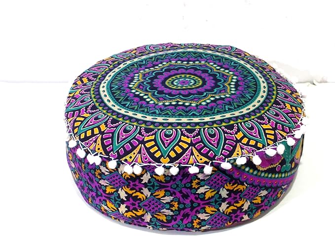 INDIAN CRAFT CASTLE ICC Floor Pillows & Cushion Covers Decorative Hippie Mandala Pouf Pillow Covers Seating Meditation Cushion Cover Large Boho Ottoman Case Pillowcase Couch New Pink, 18" Round