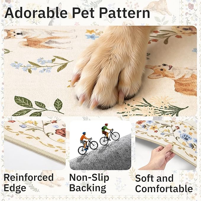 Dog 8x10 Area Rugs for Living Room, Machine Washable Animal Floral Vintage Rug Non-Slip Low Pile Soft Throw Large Rugs for Bedroom Dining Room Kitchen Nursery Playroom (8 x 10,Beige)