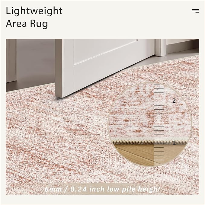 9x12 Area Rugs for Living Room, Non Slip Machine Washable Vintage Rugs, Low Pile Lightweight Large Rug for Bedroom, Dining Room, Home Office Pink