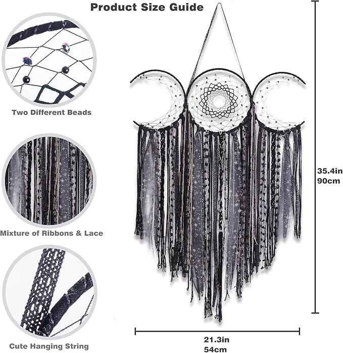 ANROYE Black Triple Moon Goddess Macrame Wall Hanging, Wicca Crescent Dream Catcher for Witch Home, Dreamcatcher for Bedroom Decoration, Pagan Woven Tapestry for Wiccan Adults Decor