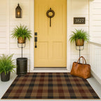JTJ 3x5 Vintage Door Mats Outdoor Entrance - Easy Jute Fall Rugs Outdoor for Patio, Balcony, Kitchen, Mudroom, Washable Earthy Brown and Red Checkered Elegence Décor