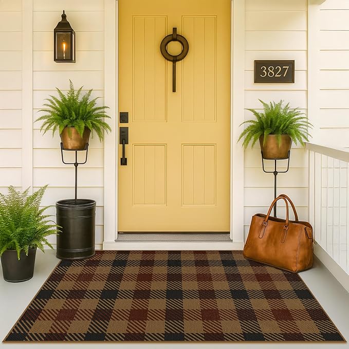 JTJ 3x5 Vintage Door Mats Outdoor Entrance - Easy Jute Fall Rugs Outdoor for Patio, Balcony, Kitchen, Mudroom, Washable Earthy Brown and Red Checkered Elegence Décor