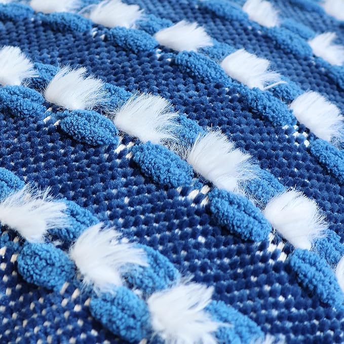 18x18 Boho Pillow Cover - Chenille Tufted Decorative Throw Pillow Cover Soft Velvet Backing, Farmhouse Striped Square Accent Pillow Case for Sofa, Couch, Bedroom, Living Room, Blue, White