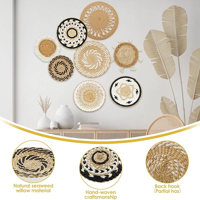 HJJWNDDNG 8 Pack Boho Wall Basket Decor Set, Hanging Woven Seagrass Rattan Wicker Boho Wall Decor, Round Farmhouse Wall Hanging Baskets Rustic Flat Wall Art for Living Room Bedroom Kitchen (Style 8)