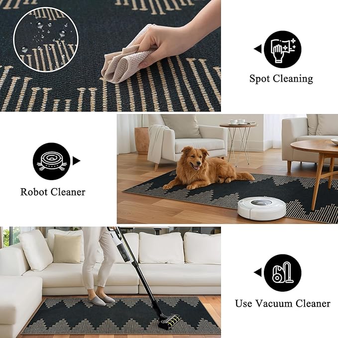 LIVEBOX No Shed Jute Runner Rugs for Hallway 2x10, Black and Tan Non Slip Washable Rug Runner, Bohemmian Extra Long Runners Rugs for Hallways, Ultra Thin Farmhouse Kitchen Rug for Hardwood Floor