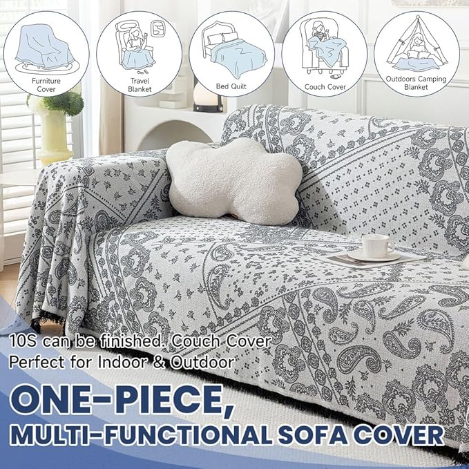 ROOMLIFE Black Couch Covers for Sofa, Sofa Covers Washable Non Slip Furniture Protector Couch Sofa Covers for 3 Cushion Couch, Breathable Sofa Slipcovers Couch Cover Blanket with Tassels 71" X 134"
