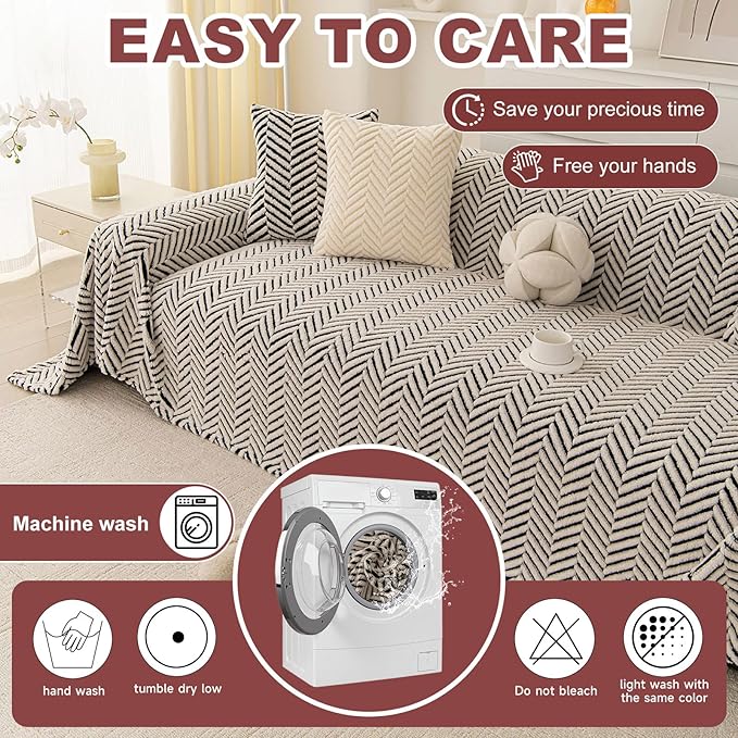 ROOMLIFE Striped Boho Black Couch Cover for 2-3 Cushion Sofa, Fuzzy Plush Warm Sofa Slipcovers Sectional Sofas Covers, Non Slip Washable Furniture Protector Soft with Tassel,Winter 71''X150”