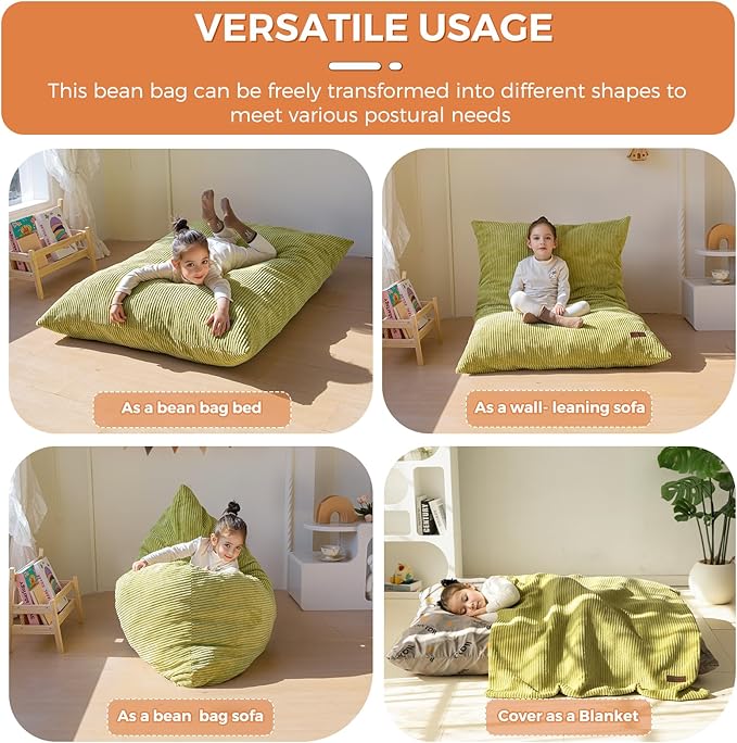 MAXYOYO 3 in 1 Kids Bean Bag Chair Bed, Convertible Chair Folds from Bean Bag to Lounger, Child Floor Sofa for Gaming, Reading, Floor Mattress with High-Density Foam Filling